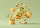 Pistachio Cream Puffs Floating with Nuts and Gold Leaf