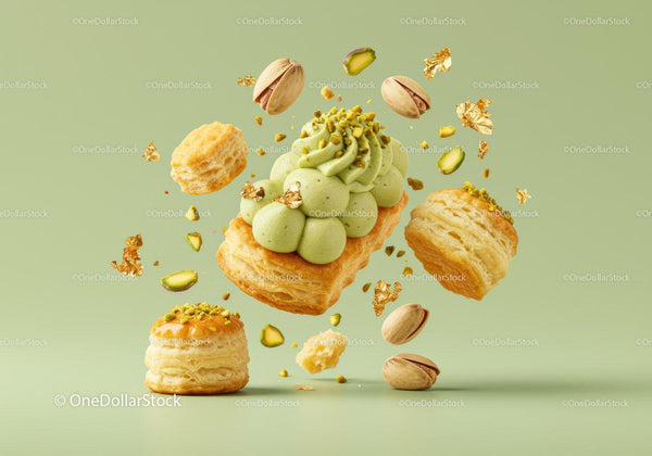 Pistachio Cream Puffs Floating with Nuts and Gold Leaf