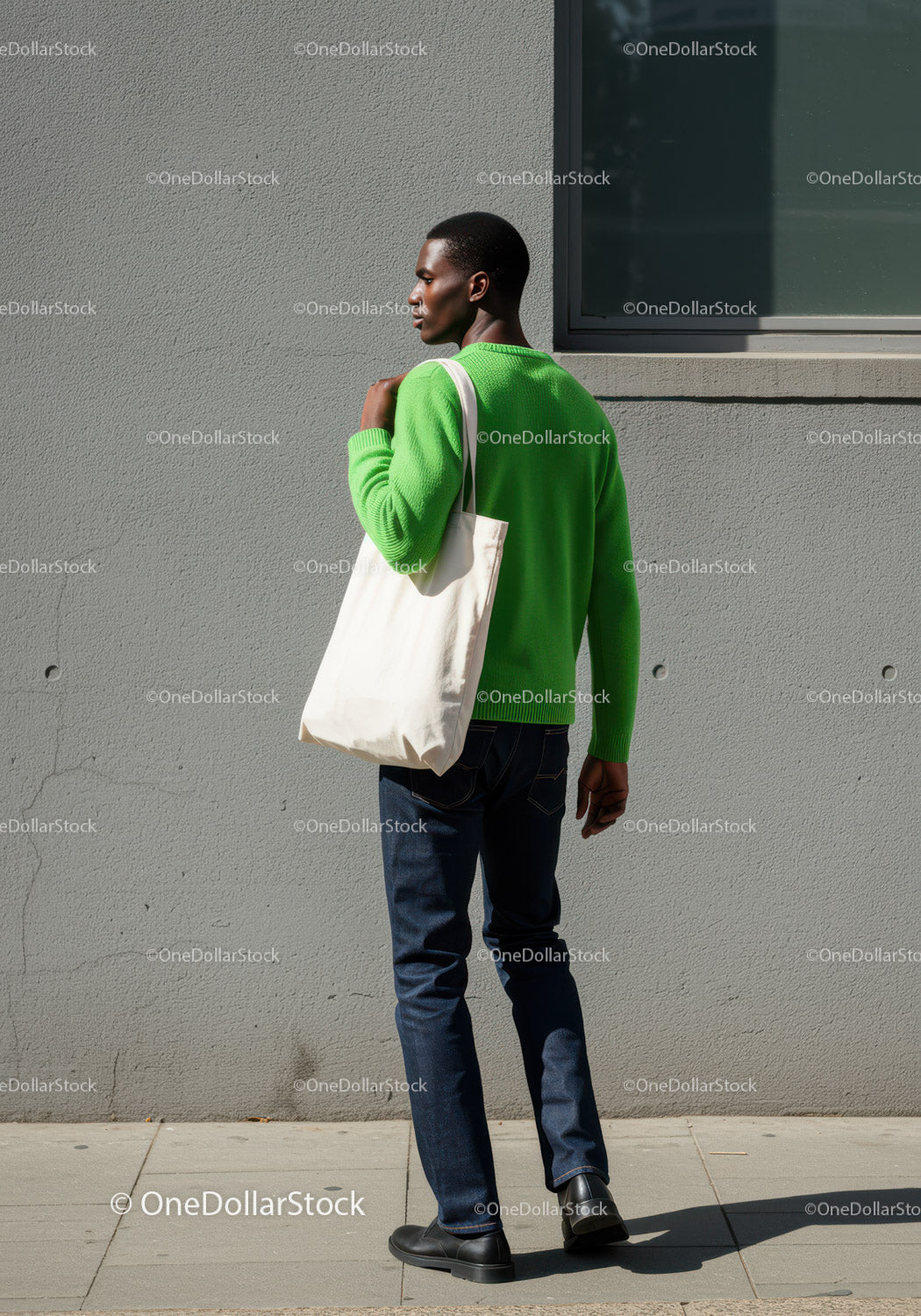 Young Man in Green Sweater and Jeans Carrying Tote Bag Outdoors