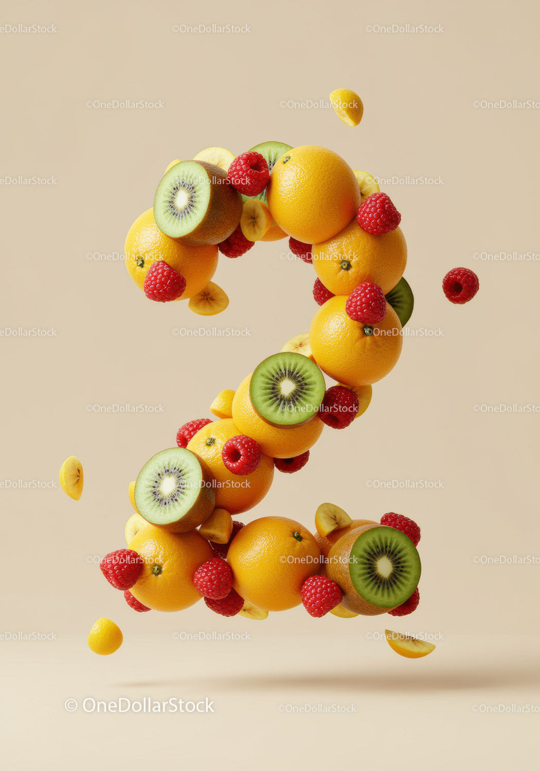 Number two formed by vibrant fresh tropical fruits