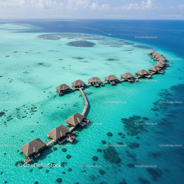 Overwater Bungalows in Turquoise Lagoon on Tropical Paradise Island