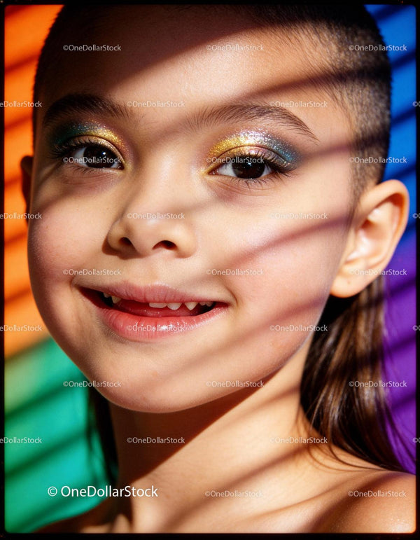 Close up of happy child with glitter eye makeup
