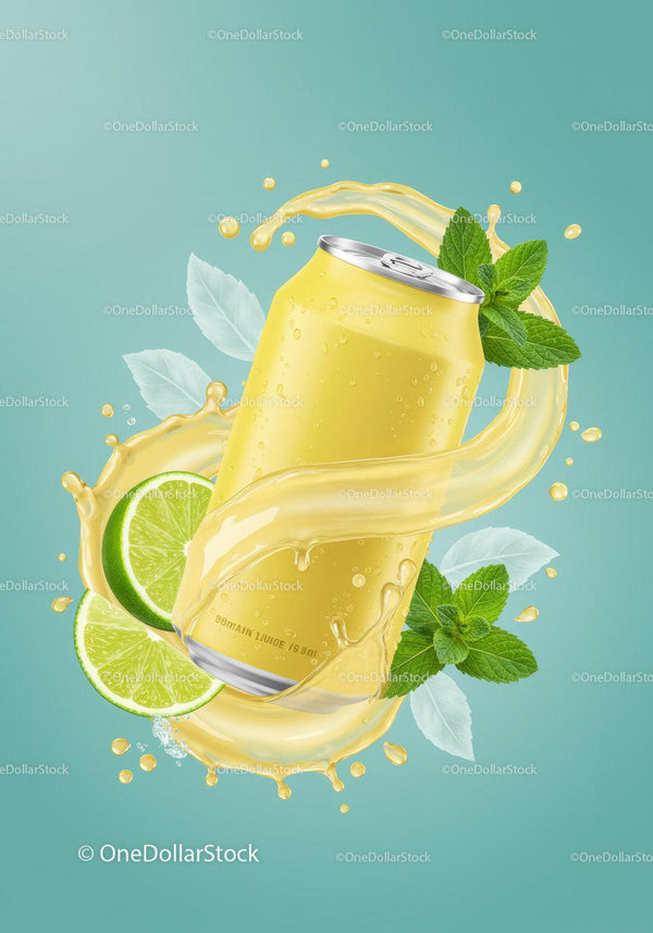 Refreshing lemon lime soda can with mint splash JPG Mockup Image