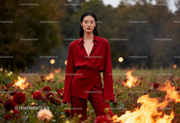 Woman in Red Outfit Amid Fiery Flower Field