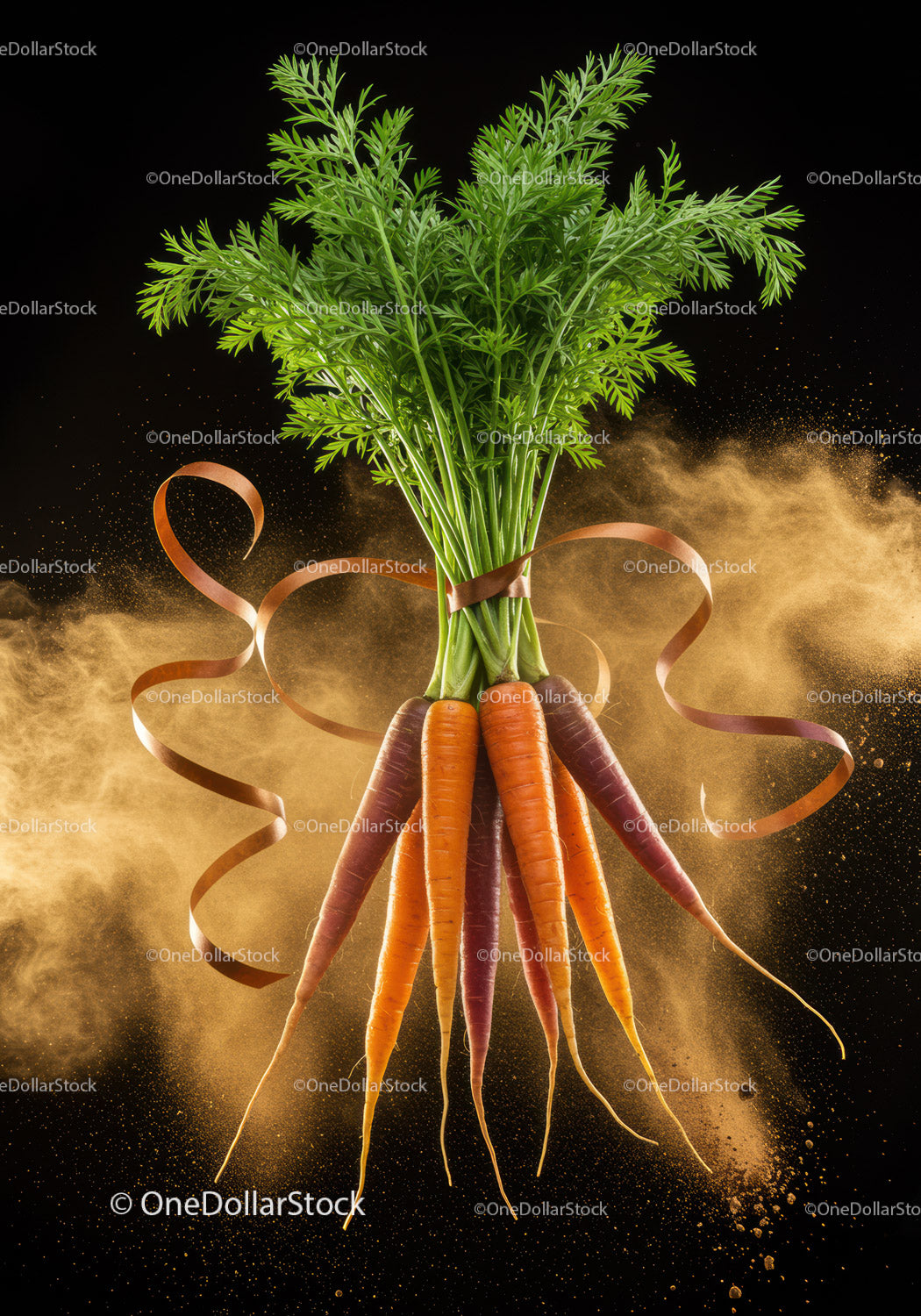 Fresh colorful carrots tied with ribbon on dark background
