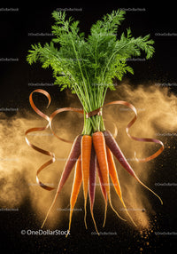 Fresh colorful carrots tied with ribbon on dark background