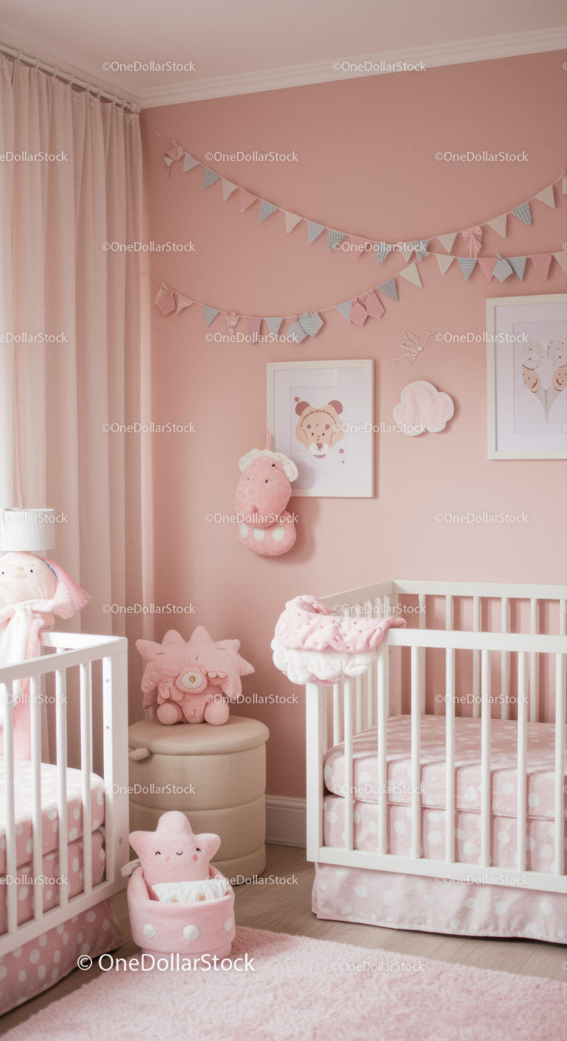 Cute Pink Nursery with Plush Toys and Wall Decorations for Babies