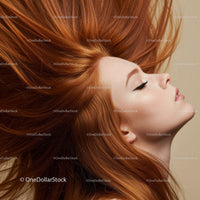 Profile of woman with flowing red hair and closed eyes