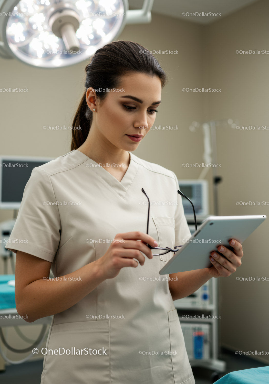 Młoda pracownica służby zdrowia korzystająca z tabletu w nowoczesnym szpitalu