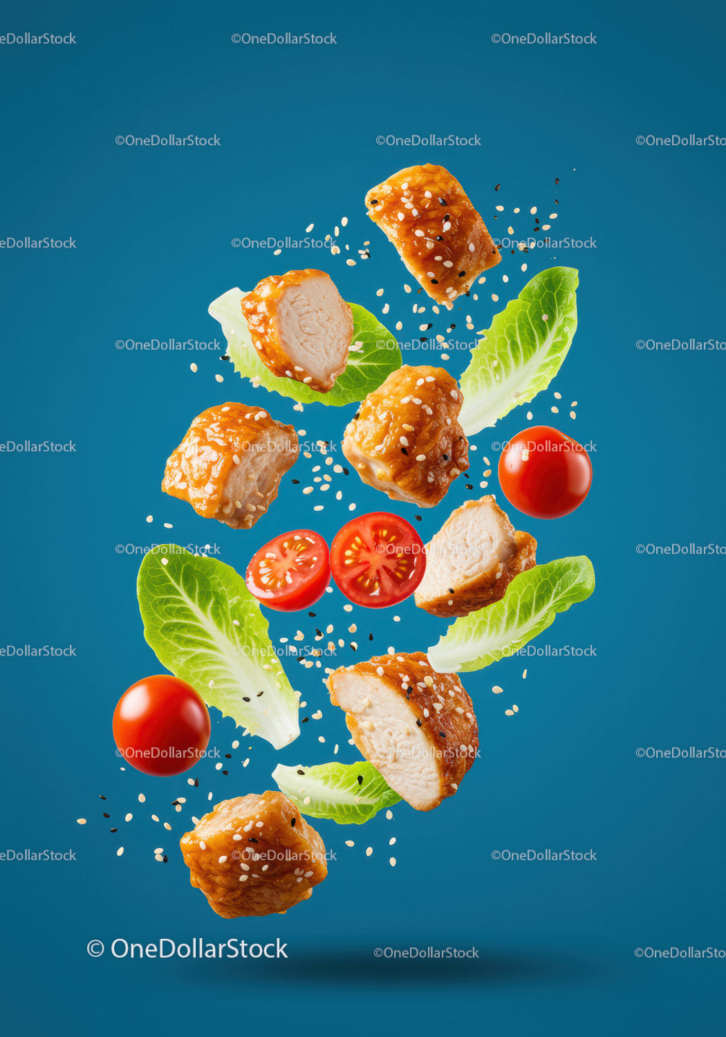 Fresh grilled chicken bites with lettuce and cherry tomatoes