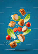 Fresh grilled chicken bites with lettuce and cherry tomatoes