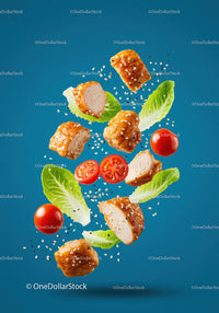 Fresh grilled chicken bites with lettuce and cherry tomatoes