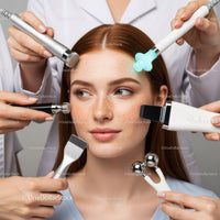 Women Receiving Facial Skincare Treatment Using Various Modern Devices