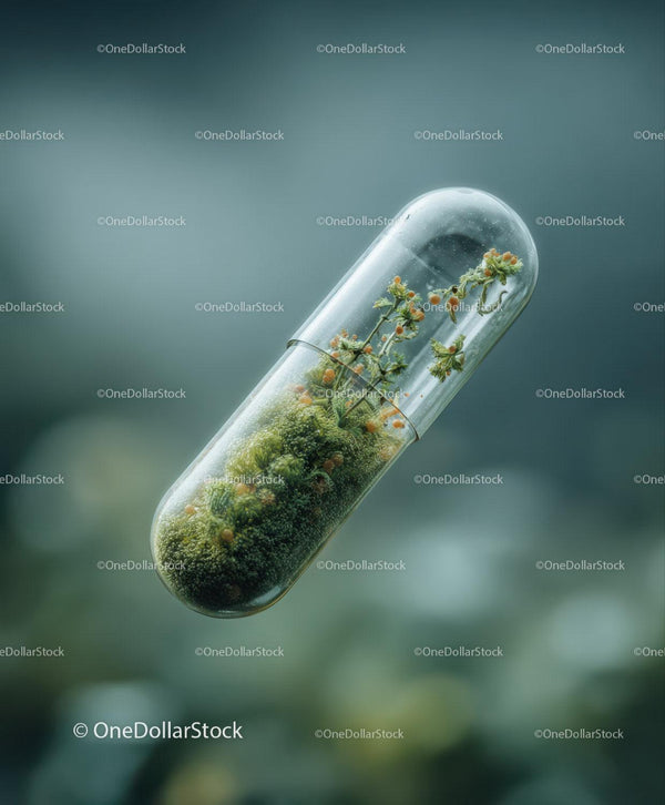 Transparent Capsule With Green Moss And Flowering Plant