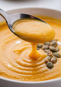 Creamy pumpkin soup with toasted seeds in white bowl