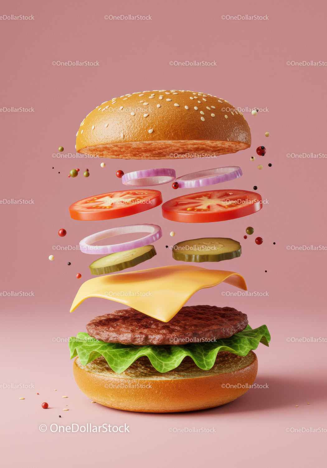 Deconstructed Cheeseburger with Fresh Ingredients Floating