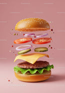 Deconstructed Cheeseburger with Fresh Ingredients Floating
