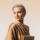 Fashionable Woman with Short Silver Hair and Bright Natural Makeup