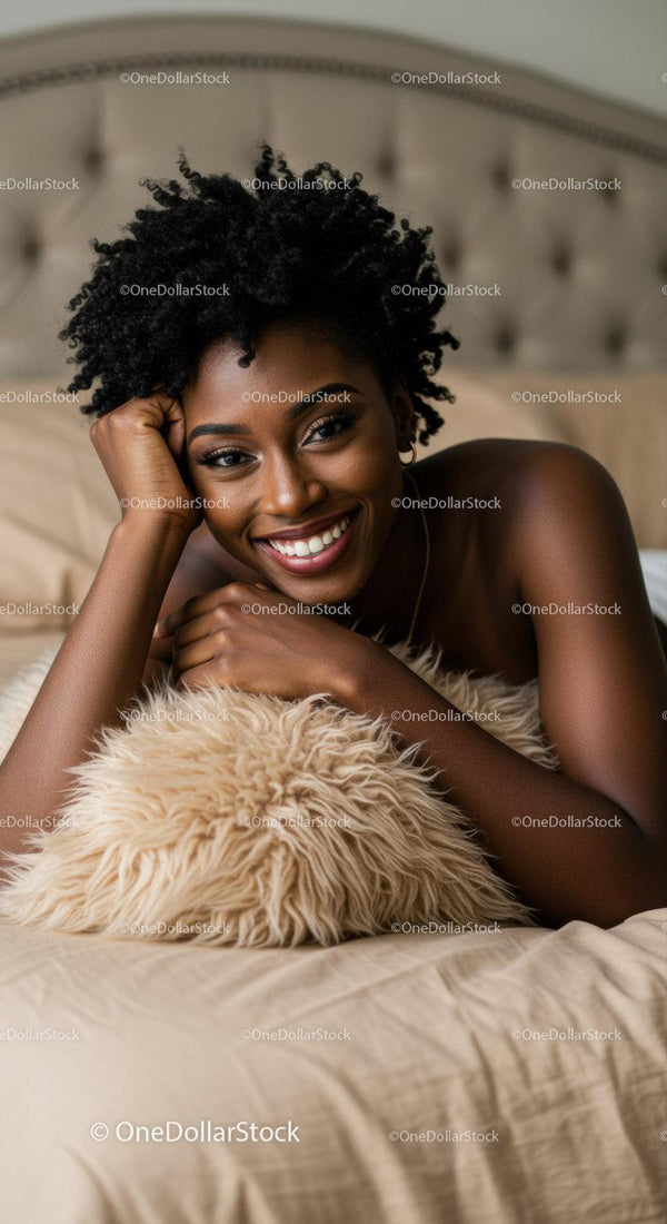 Smiling woman relaxing on bed with cozy pillow