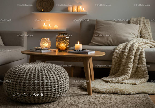 Cozy living room with knit pouf and glowing candles