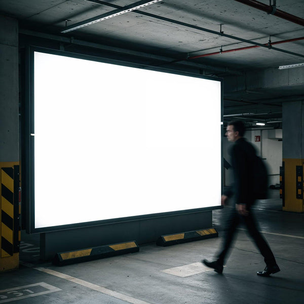 Man walking past illuminated billboard in parking garage JPG Mockup Image