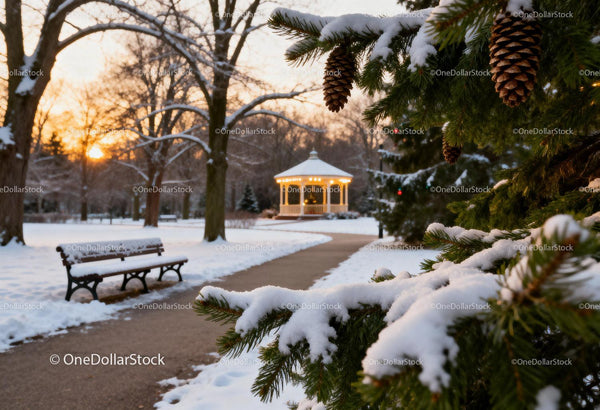 Snowy park path leading to lit gazebo at sunset