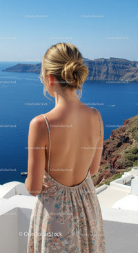Woman enjoying scenic ocean view from cliffside terrace
