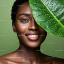 Smiling Woman with Large Green Leaf and Bright Skin for Wellness and Nature