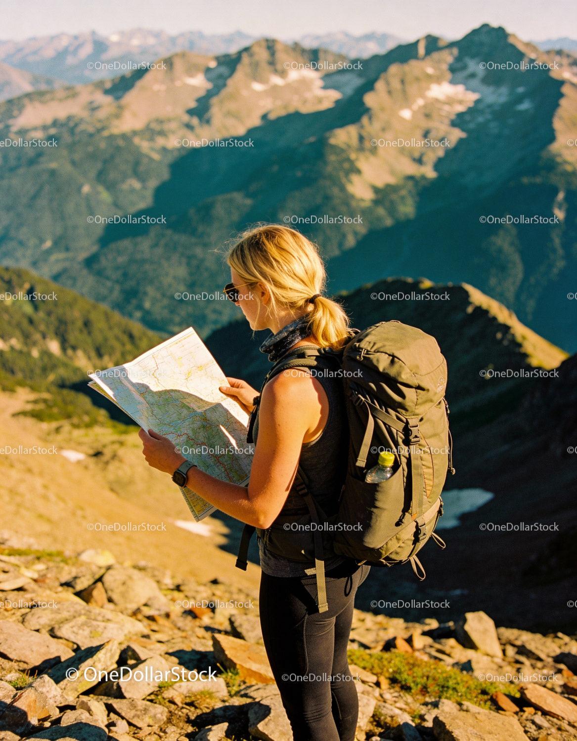 Hiker navigating mountain trails with detailed map