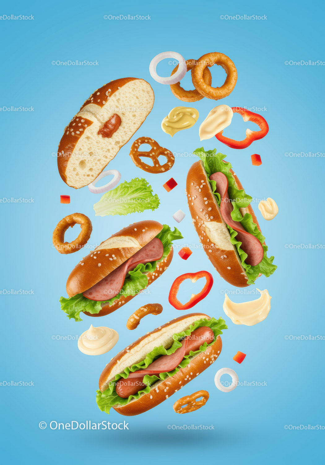 Fresh hot dogs with lettuce and colorful toppings on blue