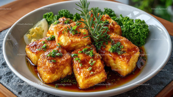 Crispy Tofu Bites with Savory Sauce and Fresh Herb Garnish