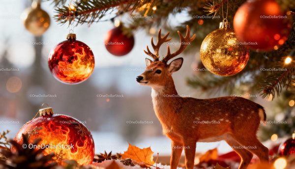 Christmas deer figurine among festive baubles and leaves