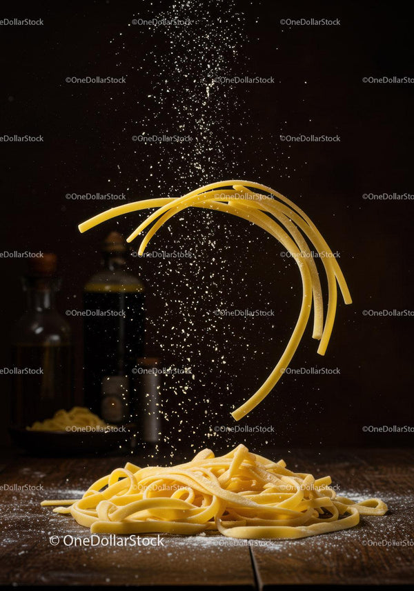 Raw fettuccine pasta with flour falling on wooden surface