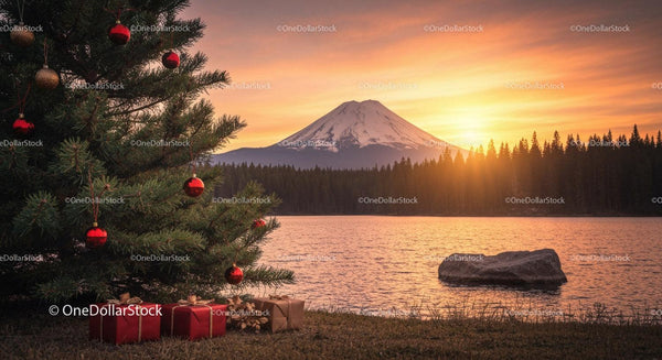 Christmas tree with gifts by tranquil lake at sunset