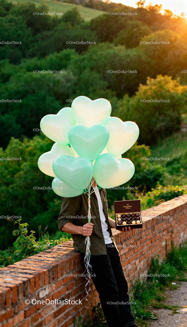 Person holding heart balloons and box of chocolates outdoors