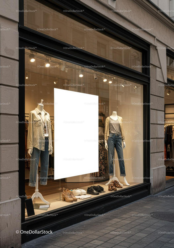 Casual denim outfits displayed in stylish boutique window JPG Mockup Image