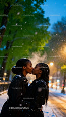 Affectionate LGBTQ Couple Sharing a Winter Kiss Outdoors