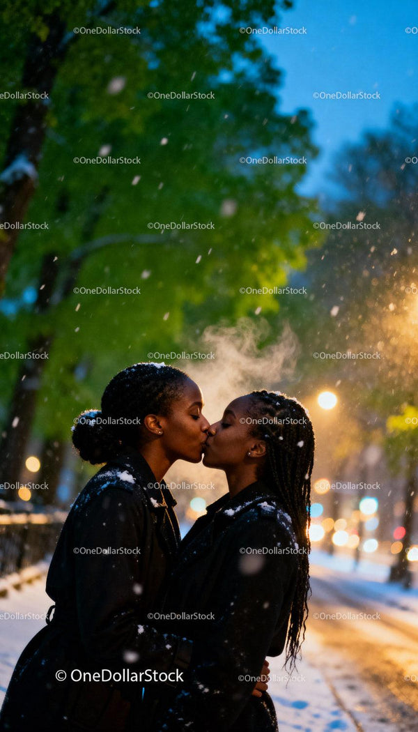 Affectionate LGBTQ Couple Sharing a Winter Kiss Outdoors