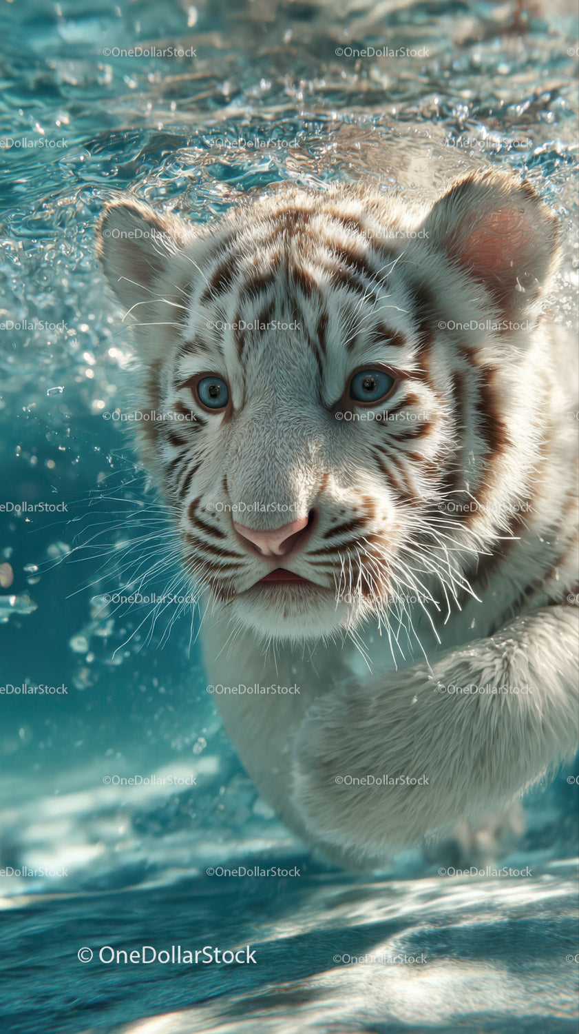 White tiger cub swimming underwater with piercing blue eyes