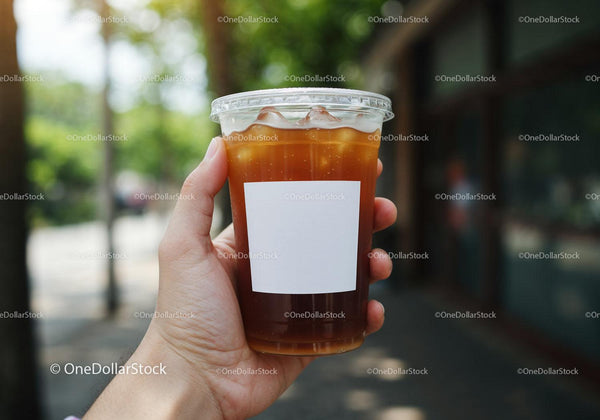 Hand Holding Iced Coffee with Blank Label Outdoors JPG Mockup Image
