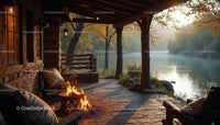 Rustic Lakeside Cabin Porch with Firepit and Autumn Foliage