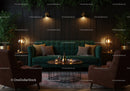 Cozy living room with green sofa and warm lighting