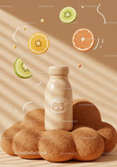 Minimalist bottle on soft brown cushion with fruit slices