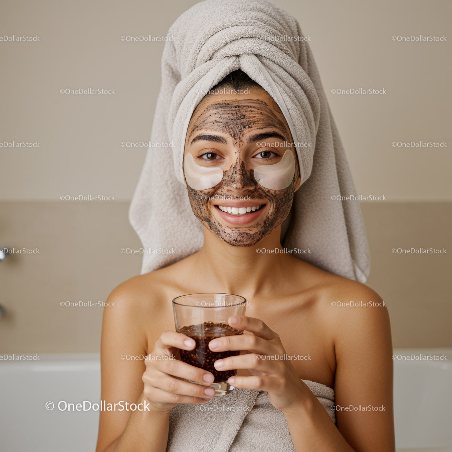 Young Woman Enjoying Facial Mask Treatment with Towel Wrap