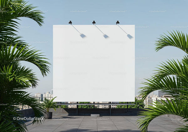 Blank Outdoor Billboard Surrounded by Green Palm Trees JPG Mockup Image