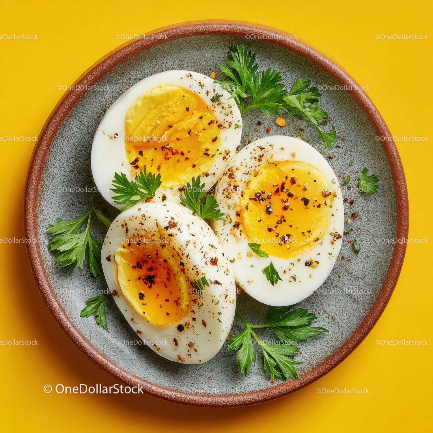 Deviled Eggs with Parsley on a Rustic Plate Bright Yellow Background