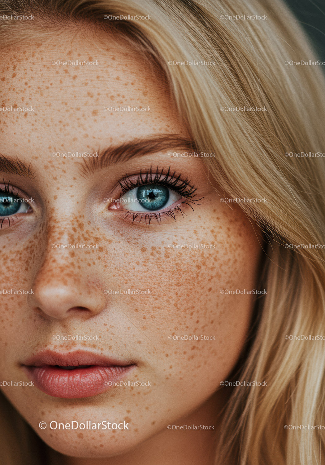 Close-up portrait of young woman with natural freckles