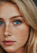 Close-up portrait of young woman with natural freckles