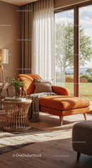 Cozy orange chaise lounge by sunlit window in modern room