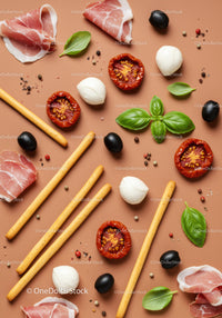 Assorted Italian antipasto ingredients on warm background